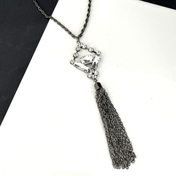 New Boutique Necklace Clear Stones Tassel Hematite Tone Women's 1L - Picture 9 of 10